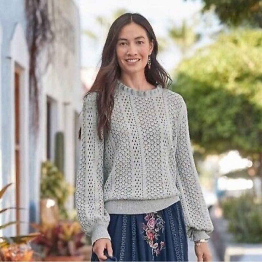 Sundance Tweed Crochet Pointelle Ruffle Neck Sweater - Heathered Gray - L